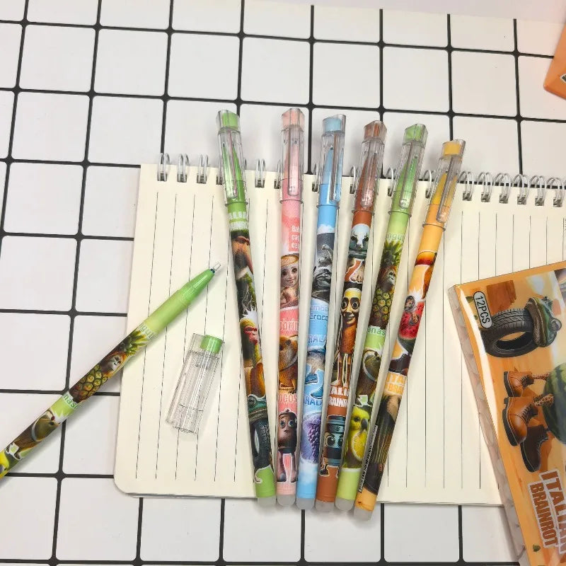 12PCS Italian Brainrot Tung Neutral Erasable Pen Cute Anime Gel Pens Kawaii Quickly-Drying Black Erasable Pens School Supplies